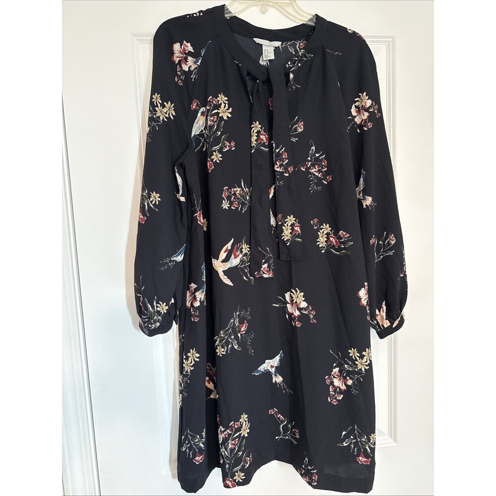 H&M Black Long Sleeve Dress Floral with Hummingbirds Tie Neck Women's 10